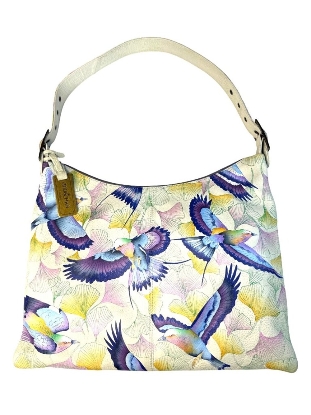 Anushka Hand-Painted Leather Hobo Bag With Adjustable Strap & Bird Design